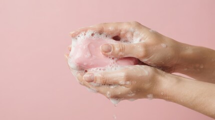 Fototapeta premium Woman washing hands with a bar of pink soap creating lather
