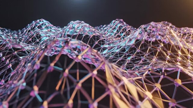 Abstract network topography with iridescent crystalline surfaces