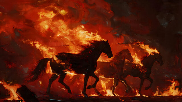 An oil painting style illustration of black horses running through an intense blazing fire storm.