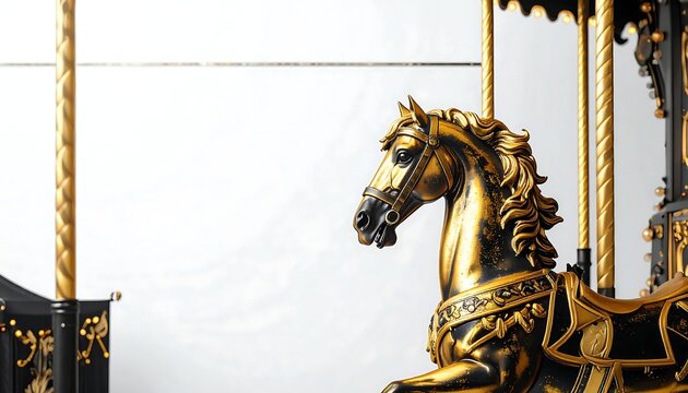 Elegant golden carousel horse on white background.