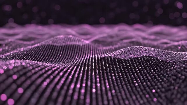 Abstract purple shimmering particles form undulating waves against a dark background