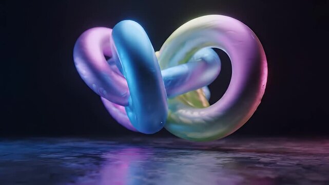Abstract sculpture with intertwined torus shapes illuminated by colorful lights
