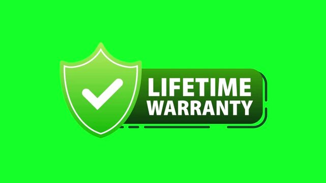 Lifetime warranty badge with shield icon on green screen, product guarantee label, business trust banner, chroma key marketing animation, 4k video