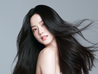 Naklejka premium Korean woman with glossy black long hair. Female Asian model with radiant light brunette and beautiful hair for hair care, skin care advertisements and hair salon