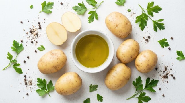 Fresh potatoes and a bowl of oil surrounded by parsley leaves and peppercorns isolated on white background