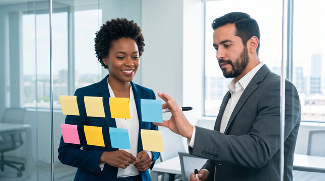 Two business professionals brainstorming strategy with sticky notes on a glass wall in a modern office