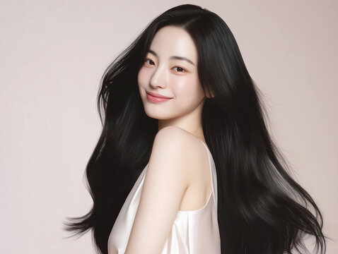 Korean woman with glossy black long hair. Female Asian model with radiant light brunette and beautiful hair for hair care, skin care advertisements and hair salon