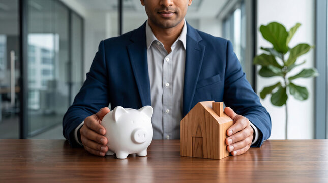Businessman with a piggy bank and wooden house model on a desk. Real estate investment, mortgage, and financial planning concept