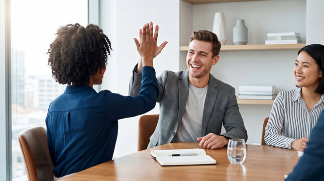 Happy diverse colleagues giving high five in modern office meeting celebrating business success