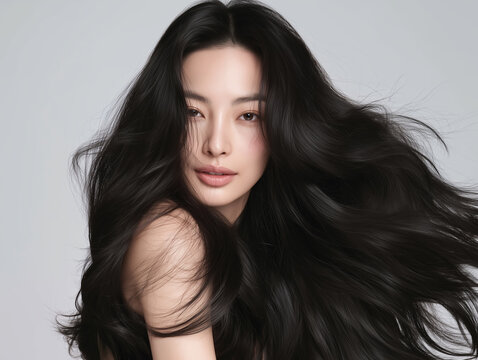 Korean woman with glossy black long hair. Female Asian model with radiant light brunette and beautiful hair for hair care, skin care advertisements and hair salon