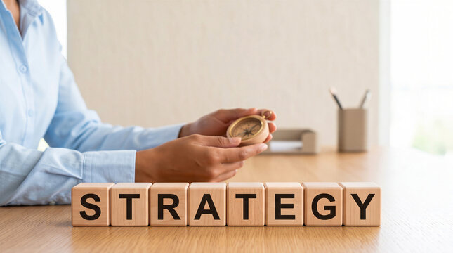 Businesswoman with wooden blocks spelling strategy on an office desk. Corporate planning and direction