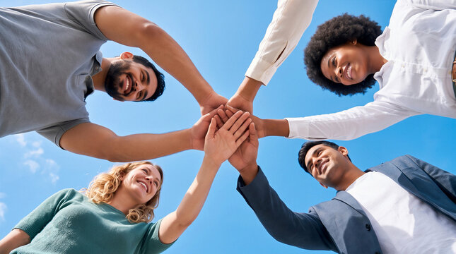 Diverse business team putting hands together in a huddle against a blue sky. Teamwork, unity, and collaboration concept