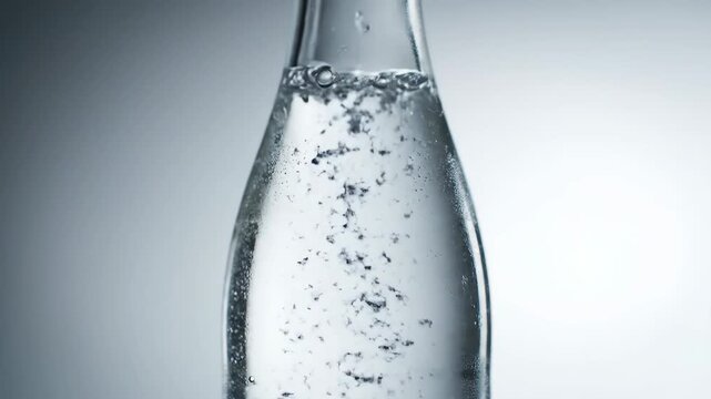Closeup slow motion shot of clean, fresh water being poured into a clear glass bottle, creating bubbles and movement against a bright white background.