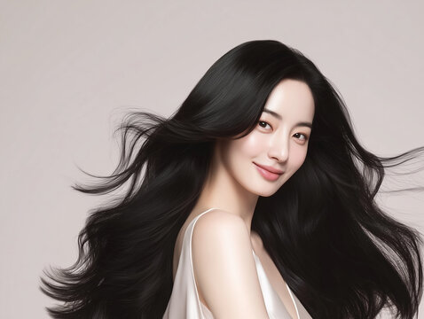 Korean woman with glossy black long hair. Female Asian model with radiant light brunette and beautiful hair for hair care, skin care advertisements and hair salon