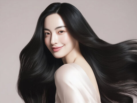 Korean woman with glossy black long hair. Female Asian model with radiant light brunette and beautiful hair for hair care, skin care advertisements and hair salon