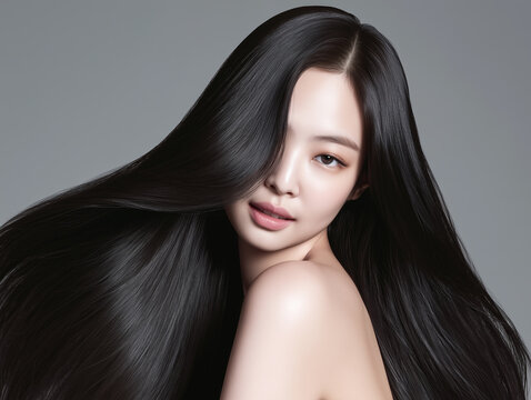 Korean woman with glossy black long hair. Female Asian model with radiant light brunette and beautiful hair for hair care, skin care advertisements and hair salon