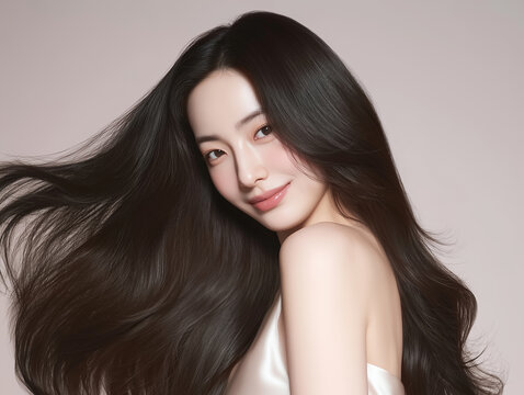 Korean woman with glossy black long hair. Female Asian model with radiant light brunette and beautiful hair for hair care, skin care advertisements and hair salon