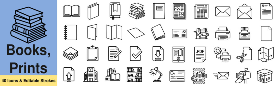 Book, print collateral line icons set. Brochure, catalog, flyer, envelope, letterhead flat minimal vector illustrations. Simple outline signs for publishing house. 48x48 Pixel Perfect Editable Stroke 