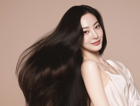 Korean woman with glossy black long hair. Female Asian model with radiant light brunette and beautiful hair for hair care, skin care advertisements and hair salon