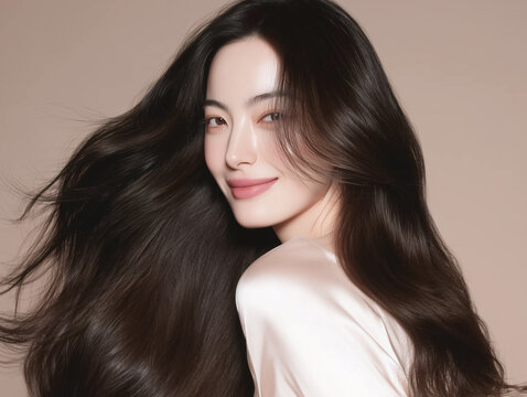 Korean woman with glossy black long hair. Female Asian model with radiant light brunette and beautiful hair for hair care, skin care advertisements and hair salon