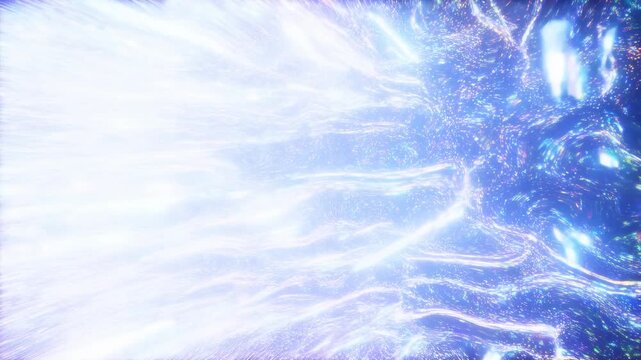 Luminous white surge expanding into iridescent sparkle field with holographic ribbons and prismatic glow, creating bright abstract transition with flowing color, shimmer, and soft light