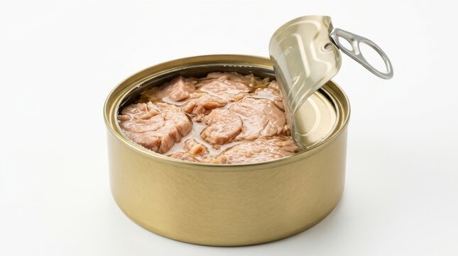 An open tin of canned tuna isolated on white background