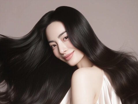 Korean woman with glossy black long hair. Female Asian model with radiant light brunette and beautiful hair for hair care, skin care advertisements and hair salon