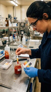 A diligent scientist meticulously performs a pH level analysis on a tomato sample within a sterile food quality control laboratory environment for safety