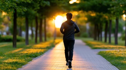 Obraz premium Man jogs on a tree-lined path during sunset, bathed in golden light, amidst a serene park setting