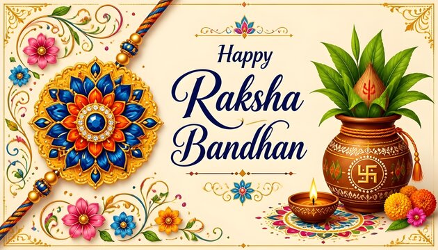 Happy Raksha Bandhan Greeting Card with Decorative Rakhi Floral Design and Kalash on White Background