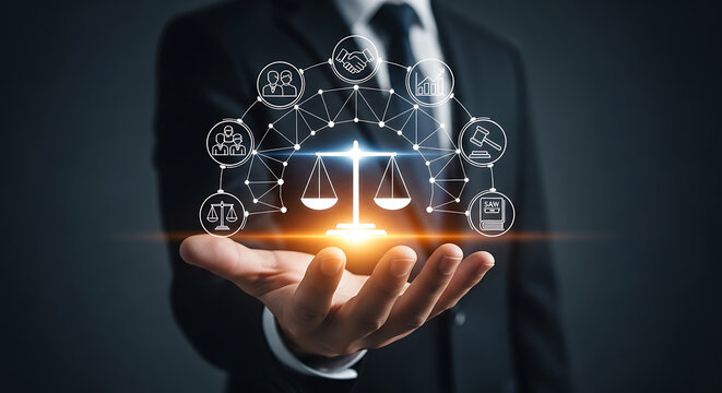 Law and Justice Concept with Scales of Justice and Legal Icons
