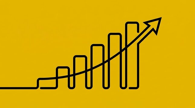 Bar chart with an upward trend arrow on a yellow background