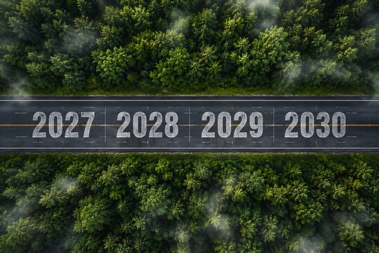 Asphalt road through forest with years 2027 to 2030 painted on surface representing future roadmap and progress timeline.