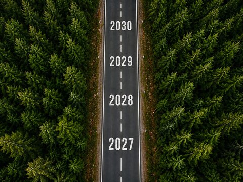 Aerial view of forest road with years 2027 to 2030 painted vertically for future timeline progress and roadmap concept.