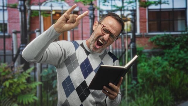 Man holding book, wearing argyle sweater and glasses, makes rock horns gesture and sings outside building; joyful enthusiasm.