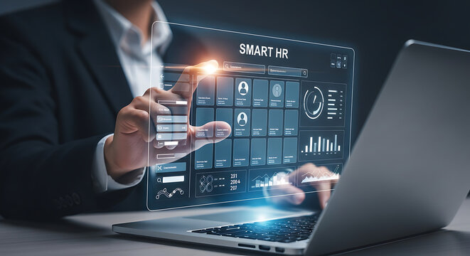 Smart HR system interface with analytics and employee profiles