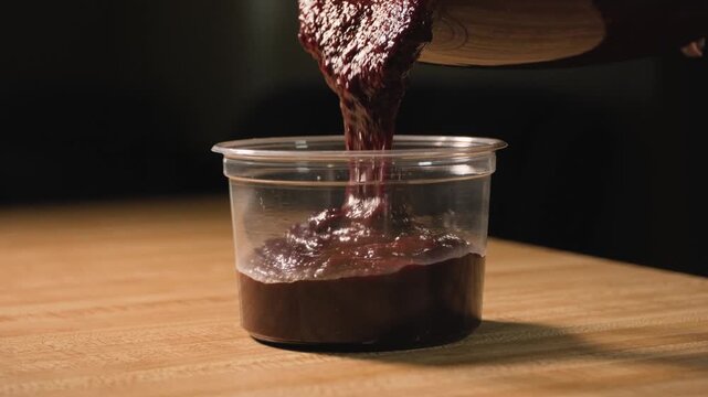 Close up cooking footage showing pouring chamoy mix into plastic container during a homemade chamoy sauce recipe prepared from scratch