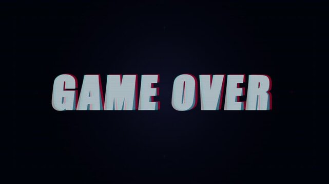 Looped GAME OVER animation with glitch effect isolated on black background. Glitch GAME OVER video game screen. Cyberpunk GAME OVER text with RGB distortion effect.4k
