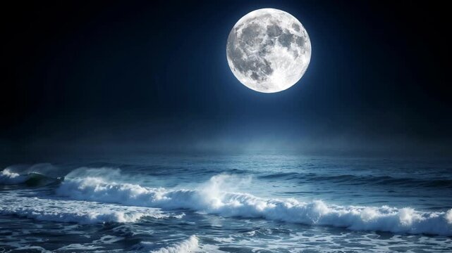 Full Moon Rising over Crashing Ocean Waves at Night with Cinematic Blue Glow and Dramatic Lighting