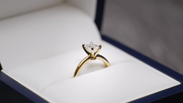 Huge classic diamond ring being opened from velvet box. Fingers lifting ring box. Engagement Wedding jewellery
