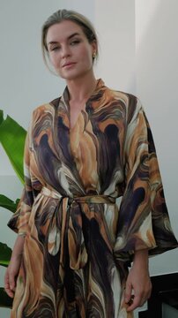 Close up of elegant woman wearing luxury kimono robe.
