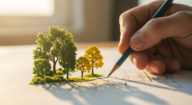 Architect drawing landscape plan with miniature trees and blueprint