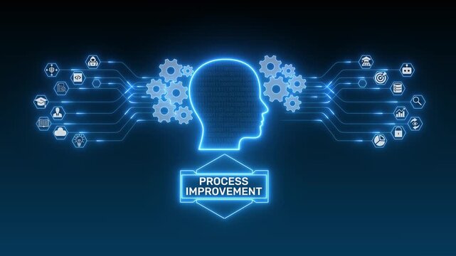Continuous process improvement visualized through AI driven operational intelligence, connected workflow optimization and modern business technology on blue interface 4k visuals