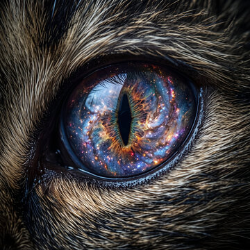 Close Up of Black Cat Eye with Vibrant Cosmic Galaxy Reflection