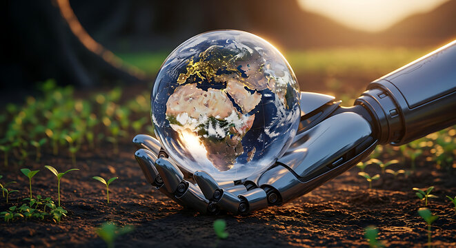 Robot Hand Holding Earth Globe Over Seedlings Future Technology Concept