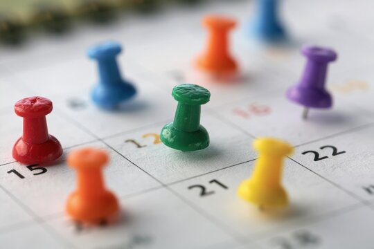 Calendar with colorful pins for business planning and schedule deadline management