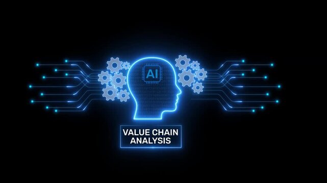 Value Chain Analysis Diagram Featuring AI Head Icon, Connected Circuit Paths and Process Graphics Across a Dark Digital Technology Background