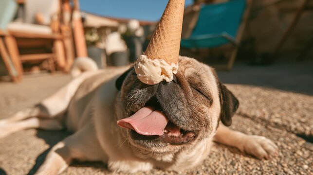 A happy pug lies on the ground with its tongue out, wearing an upside-down ice cream cone on its head on a sunny day.