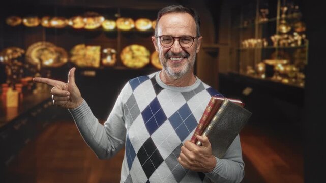 Middle aged hispanic man holding books points finger to side in a museum gallery with display cases and warm lighting; curiosity discovery.