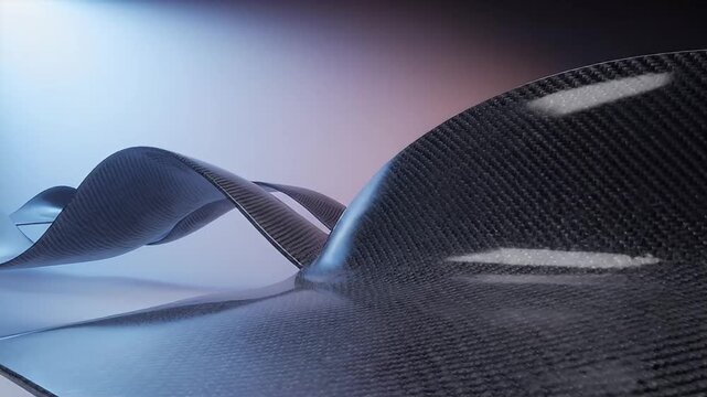 Textured carbon fiber weave curves and twists against a gradient background